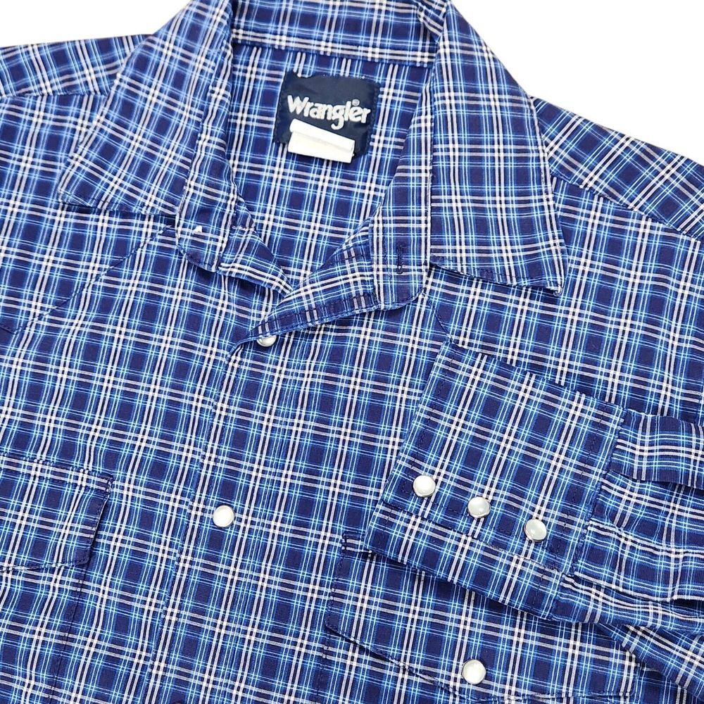 Wrangler Men's‎ M Western Pearl Snap Long Sleeve Plaid Shirt Navy Blue White